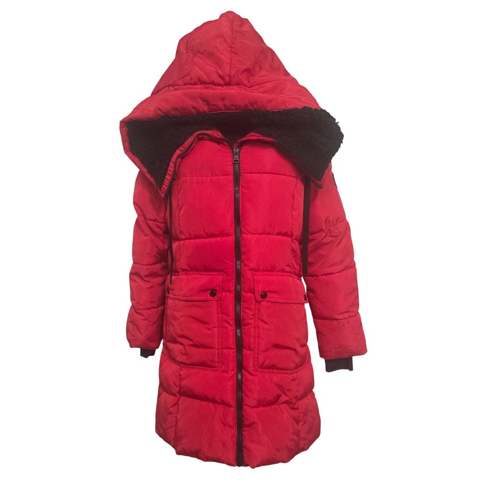 Madden Girl Womens Red Puffer Jacket Sherpa Lined Hood Quilted Mid Length Coat M